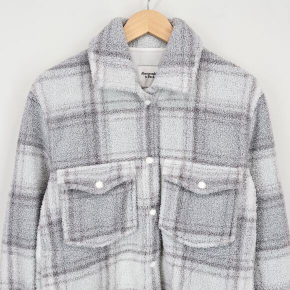 Abercrombie & Fitch Plaid Snap Button Sherpa Jacket Grey White Size XS - Picture 2 of 8